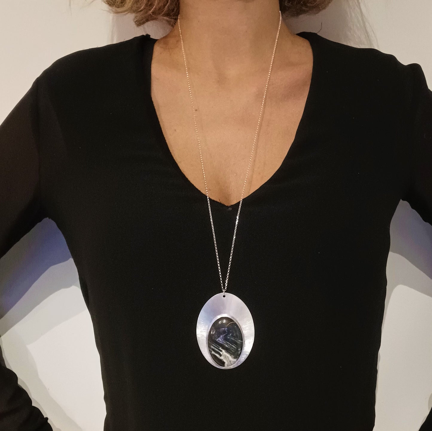 Collier sautoir solaire en Argent Massif et Agate. Pièce unique