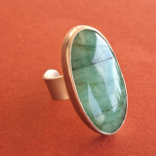 Bague large réglable en Argent Massif avec Emeraude naturelle