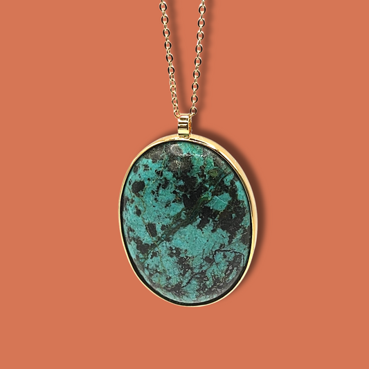 Collier sautoir en Plaqué Or et Jaspe Africain. Pièce unique