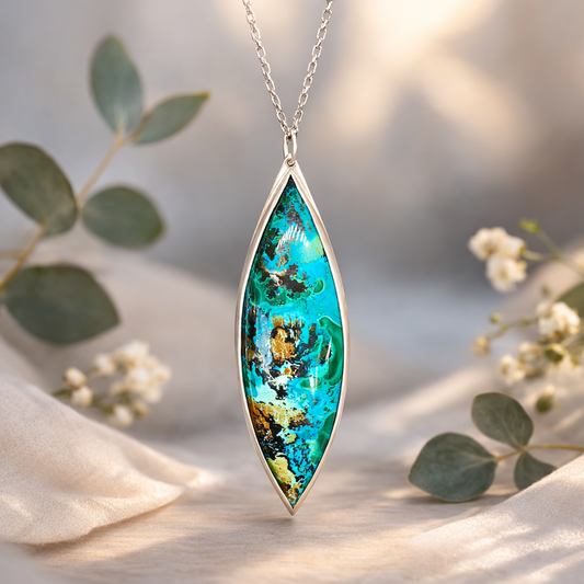 Collier en Argent Massif et Chrysocolle Marquise. Pièce unique