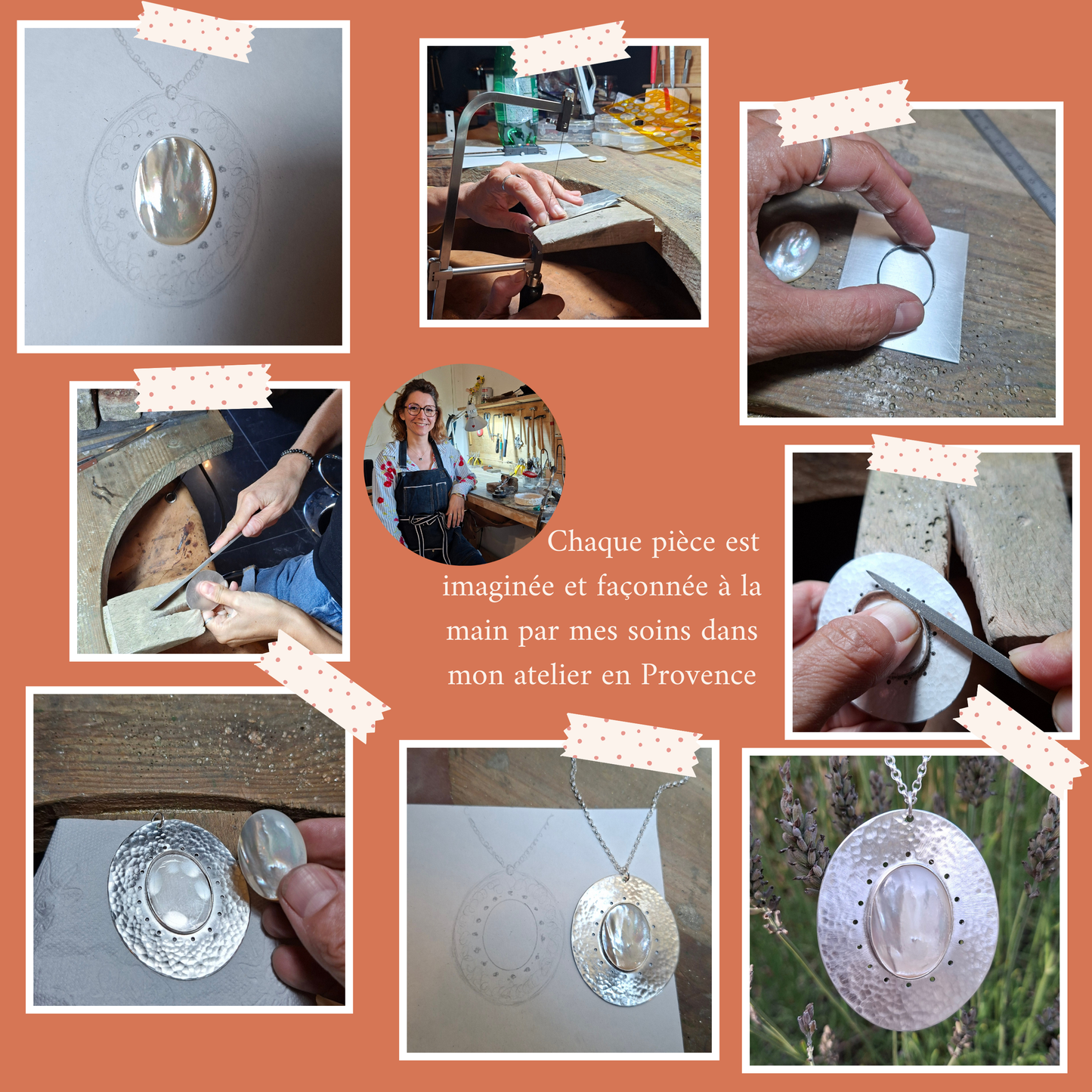 Collier en Argent Massif martelé et Nacre blanche