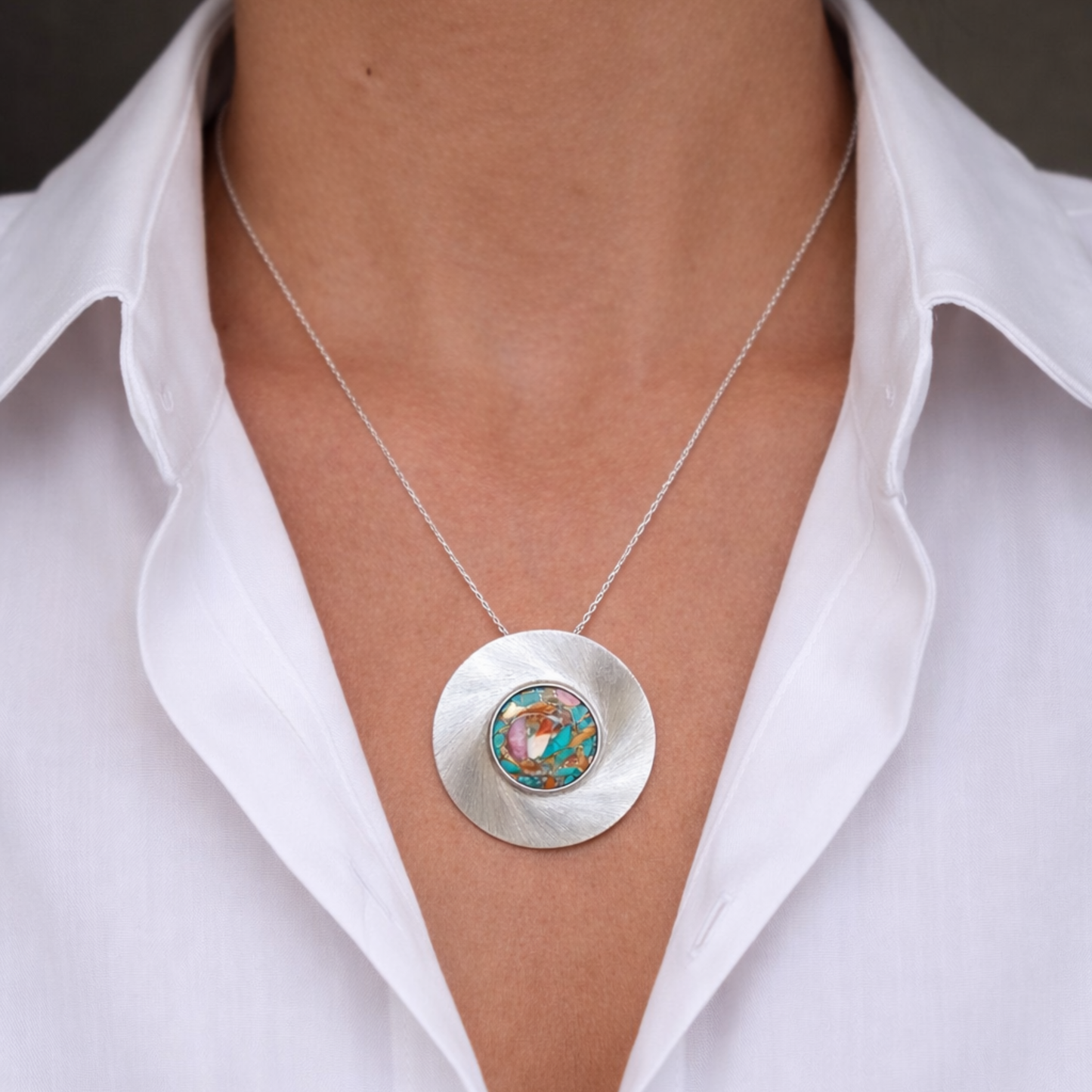 Collier en Argent Massif et Huitre Epineuse turquoise