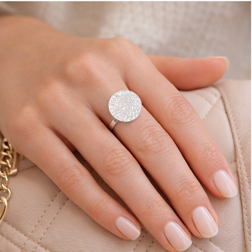 Bague Pastille en Argent Massif, motif dentelle, anneau lisse