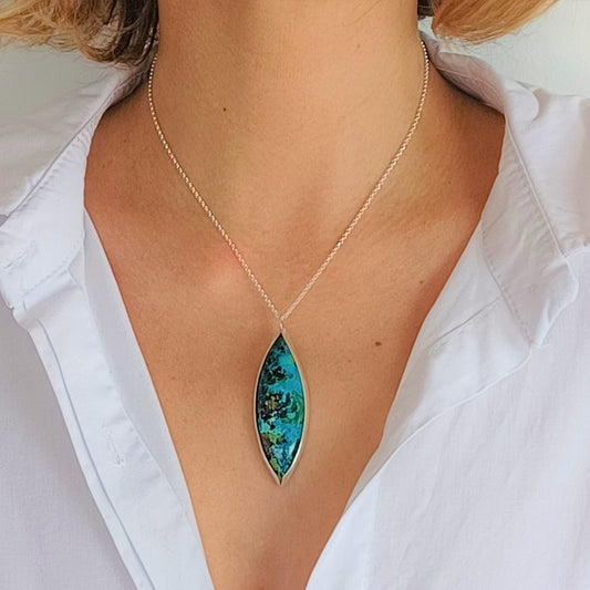 Collier en Argent Massif et Chrysocolle Marquise. Pièce unique