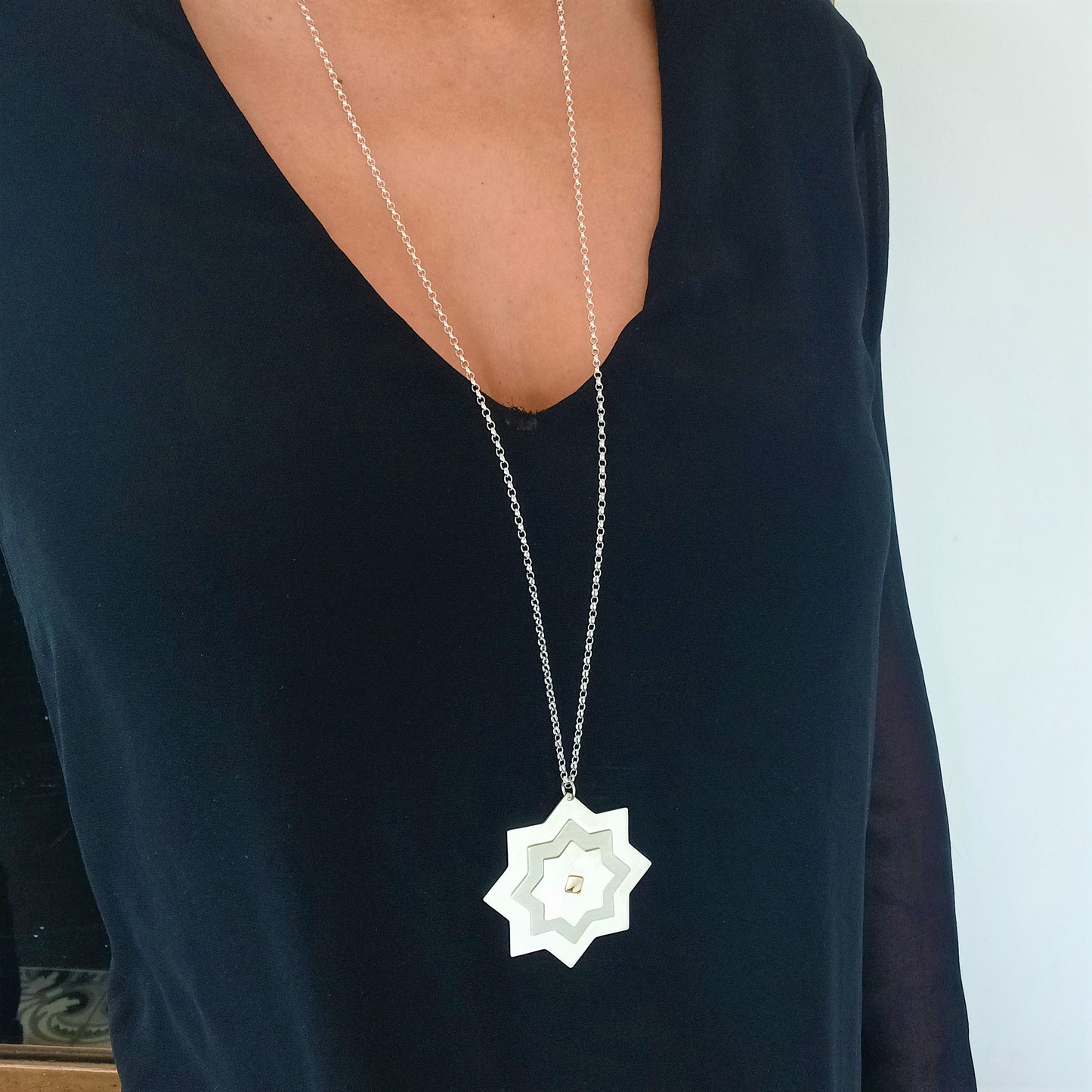 Collier Sautoir Etoile en Or 18K et Argent 925